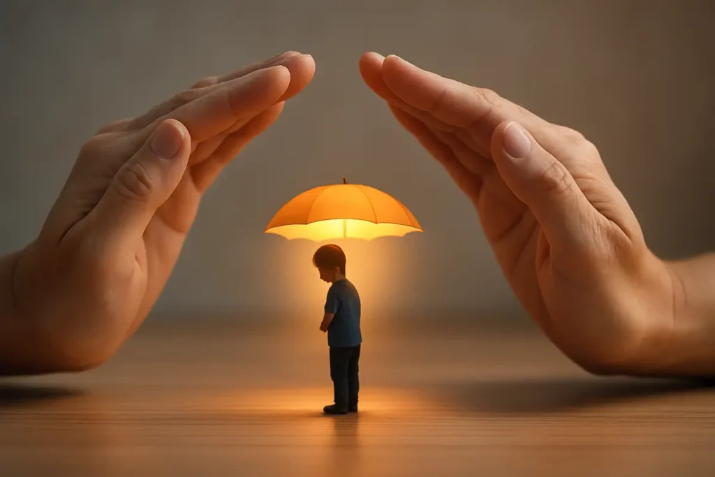 Dwie dorosłe dłonie tworzą ochronny gest nad dzieckiem stojącym pod ciepło oświetlonym parasolem – symbol troski i stabilności w kontekście rozwodu.